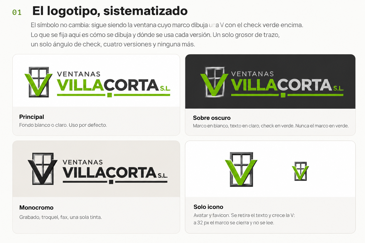 Las cuatro versiones aprobadas del logotipo: principal sobre claro, sobre oscuro, monocromo y solo icono