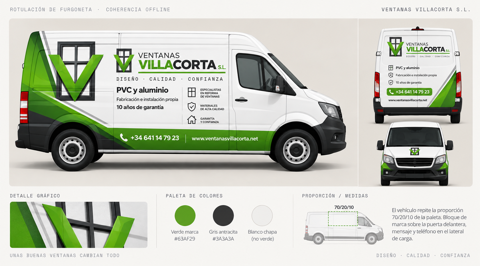 Rotulación de furgoneta en lateral, trasera y frontal, con detalle gráfico, paleta y proporción 70/20/10
