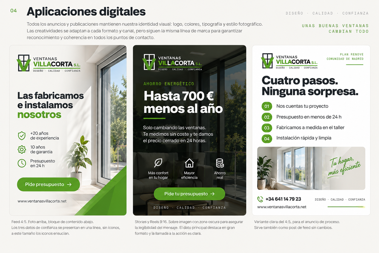 Tres creatividades de Meta Ads: feed 4:5, stories 9:16 sobre fondo oscuro y variante clara del 4:5 con los cuatro pasos