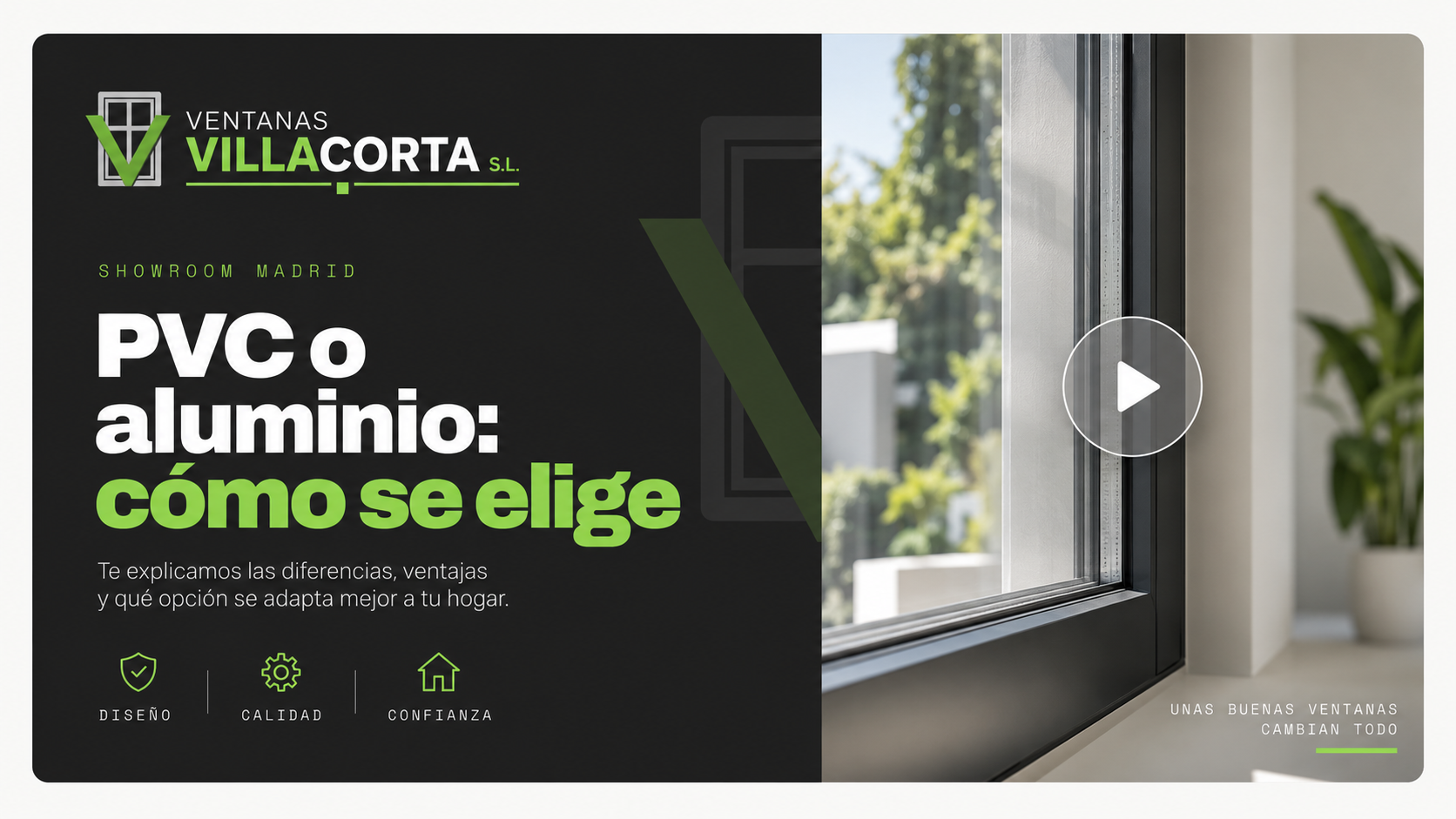 Miniatura de vídeo 16:9 con titular PVC o aluminio cómo se elige sobre fondo carbón y fotografía a la derecha