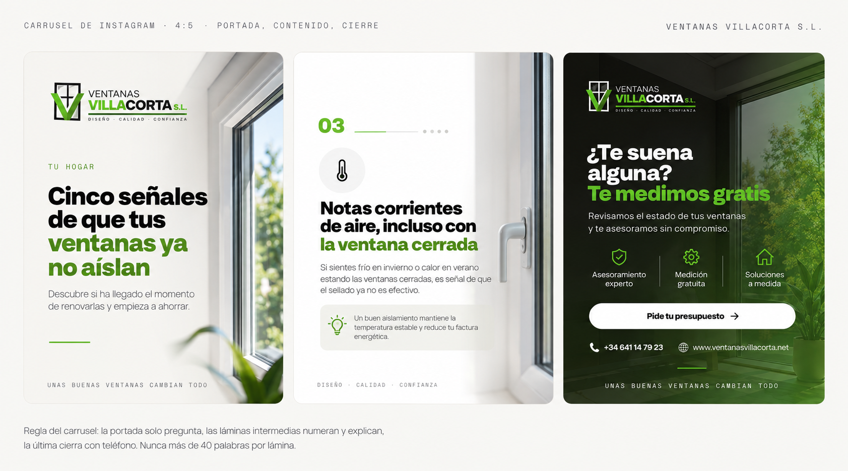 Carrusel de Instagram de tres láminas: portada con la pregunta, lámina numerada de contenido y cierre con teléfono