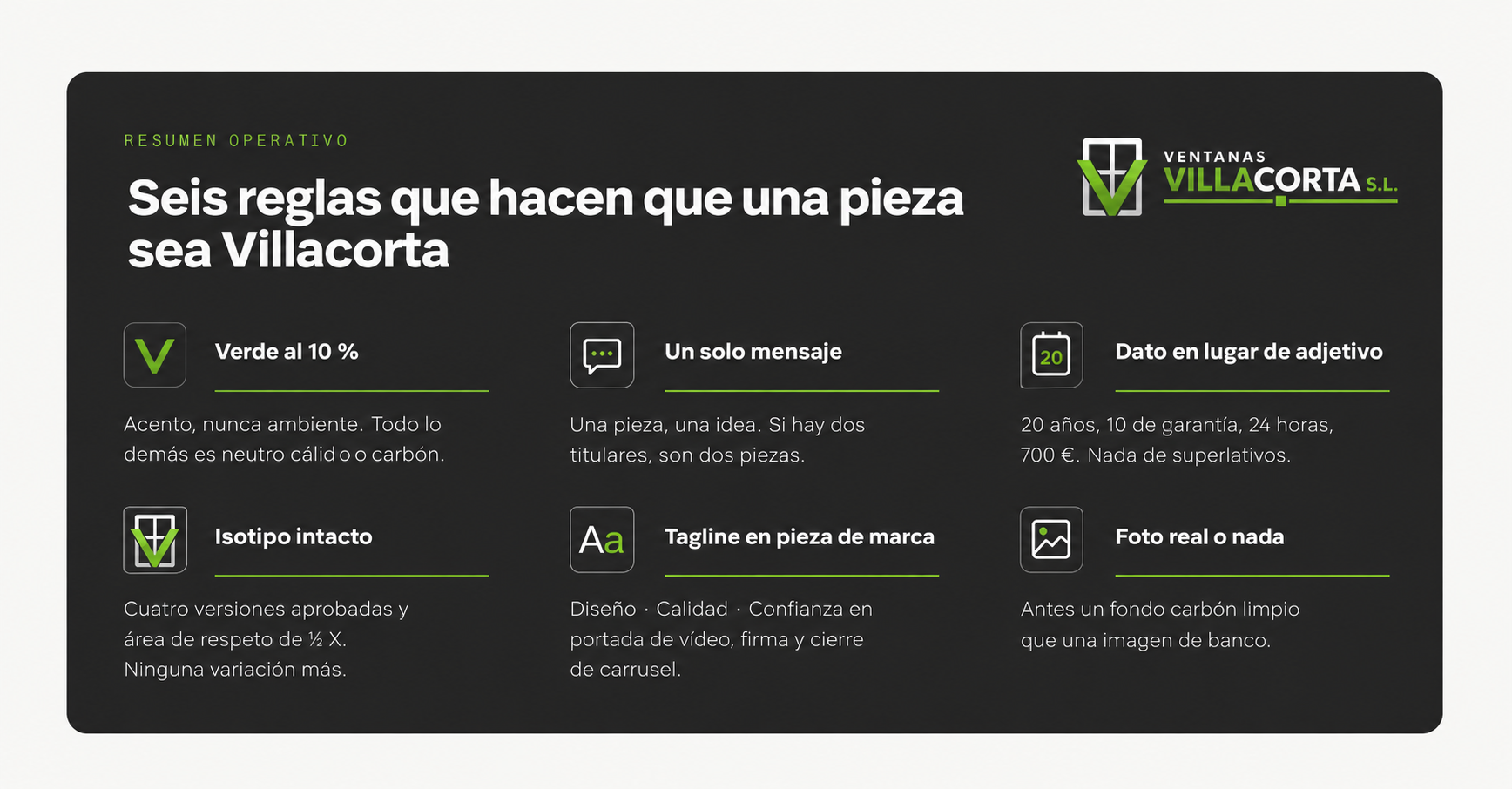 Lámina de resumen con las seis reglas que hacen que una pieza sea Villacorta