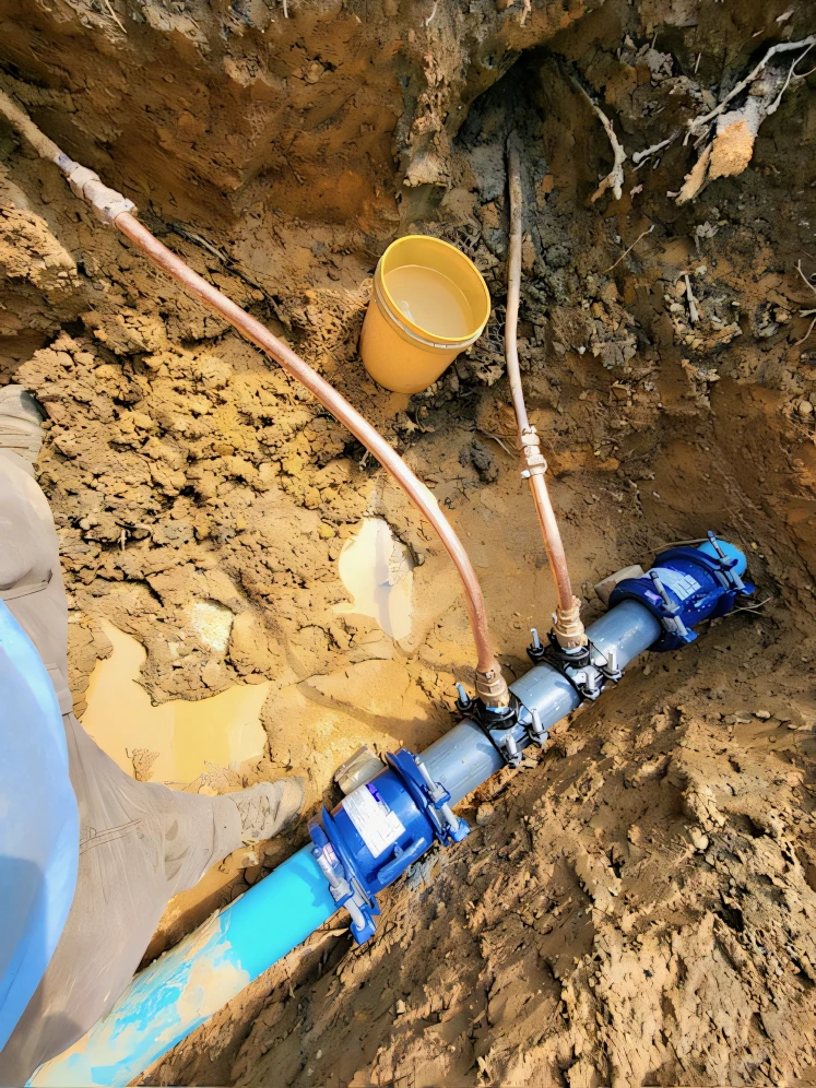 Close-up of a metal water access cover embedded in the ground, surrounded by dirt and mulch, used to control or monitor underground water lines.