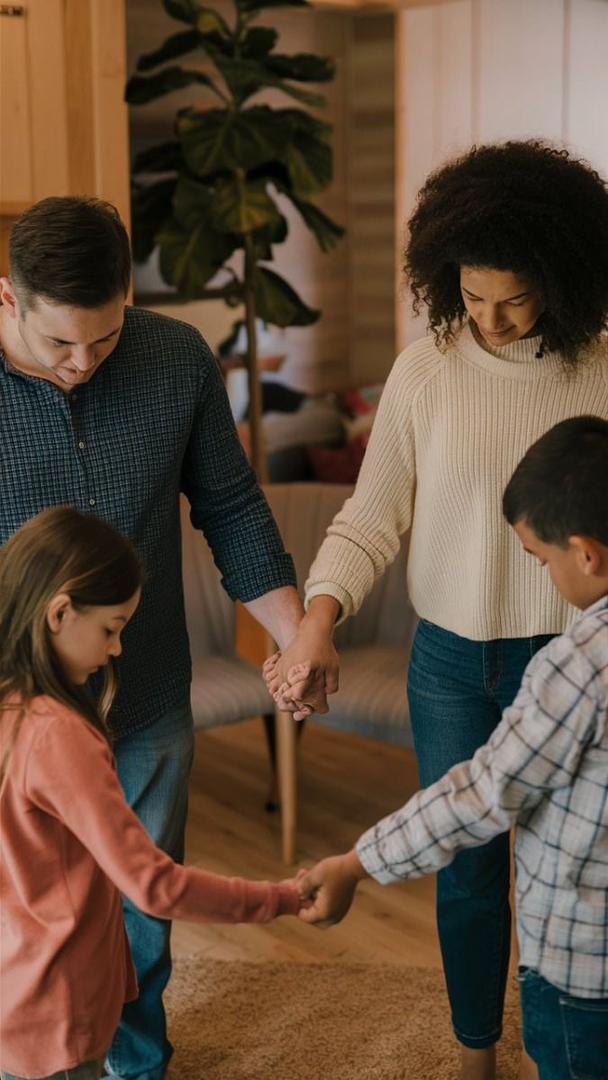 Christian family praying together with open hands around a Holy Bible during a quiet moment of faith and devotion at home.