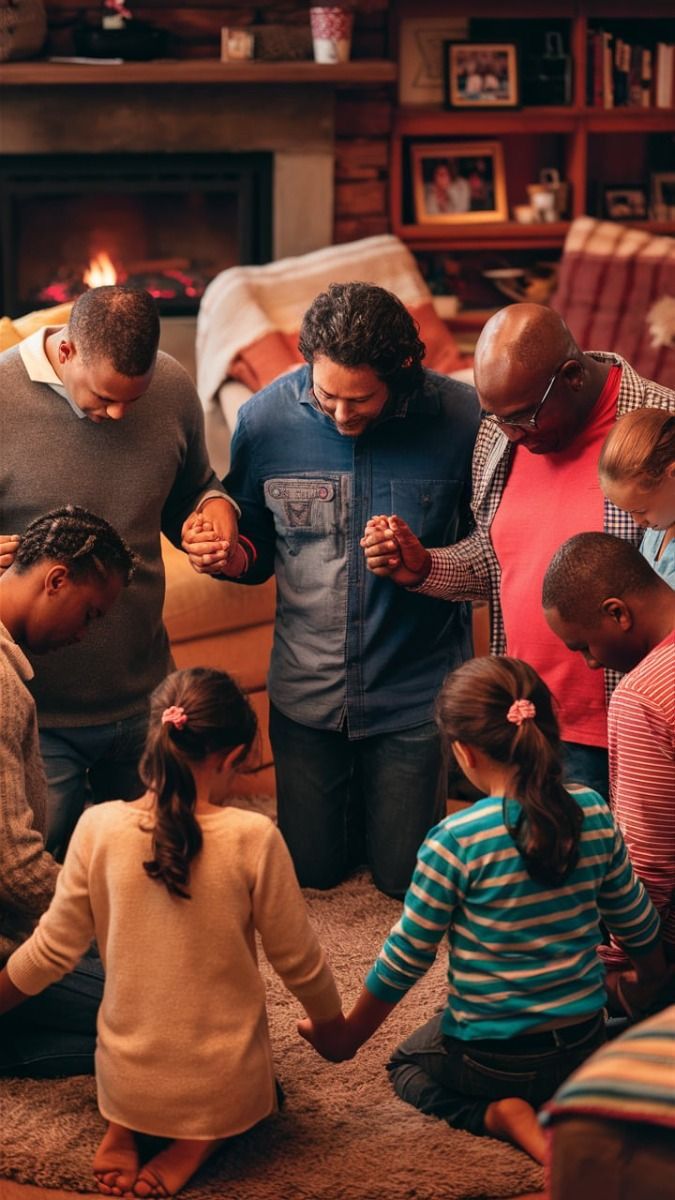 Diverse Christian family holding hands and praying together in a living room, symbolizing unity, strong family values, and spiritual growth through prayer. Diverse Christian family holding hands and praying together in a living room, symbolizing unity, strong family values, and spiritual growth through prayer.