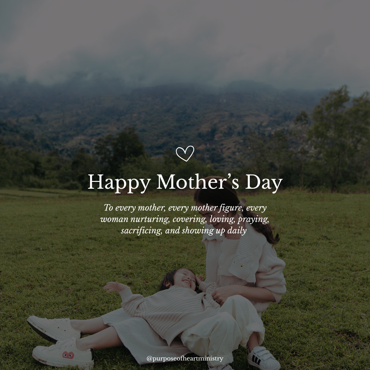 Mother and child relaxing together outdoors with a Happy Mother’s Day message celebrating love, sacrifice, nurturing, and family connection.