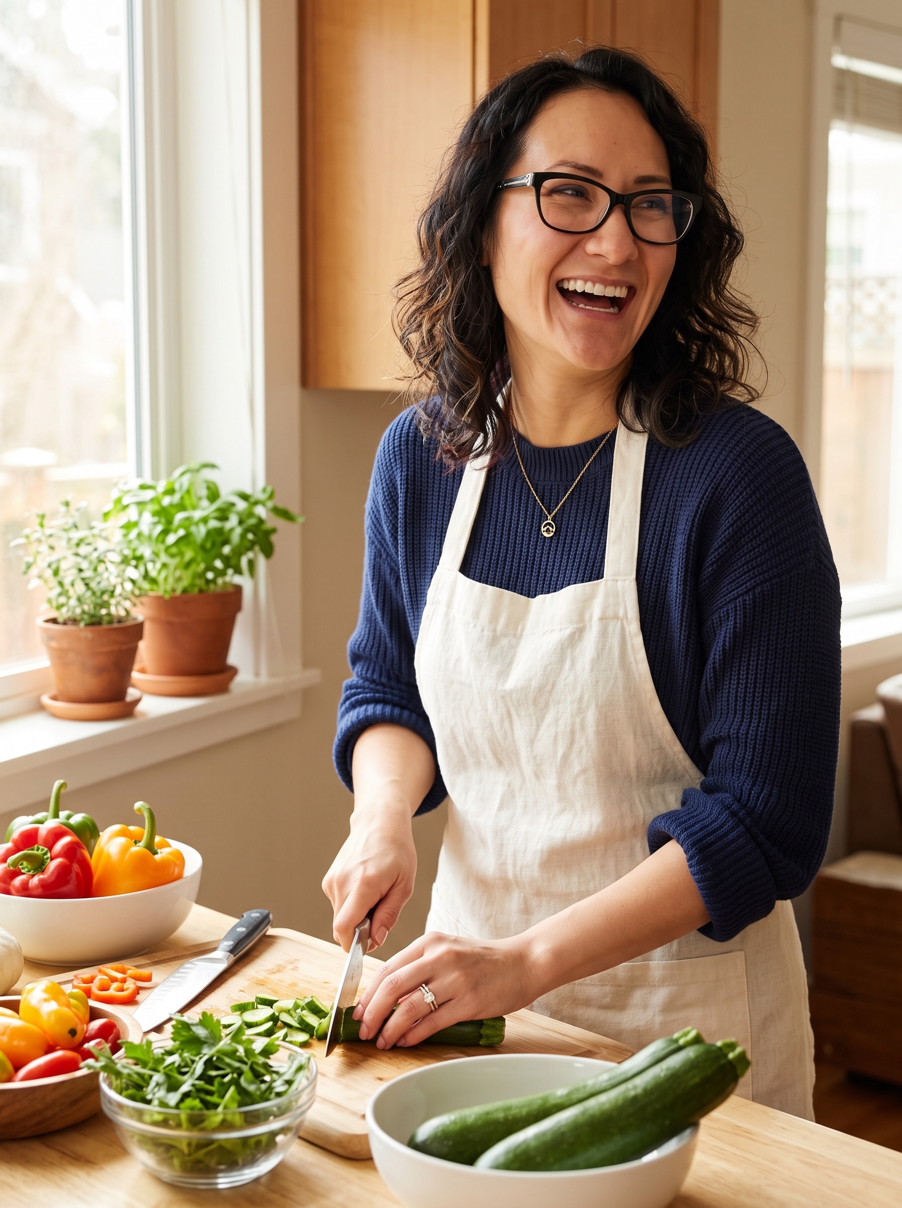 Mei cooking, trying new recipes in the kitchen