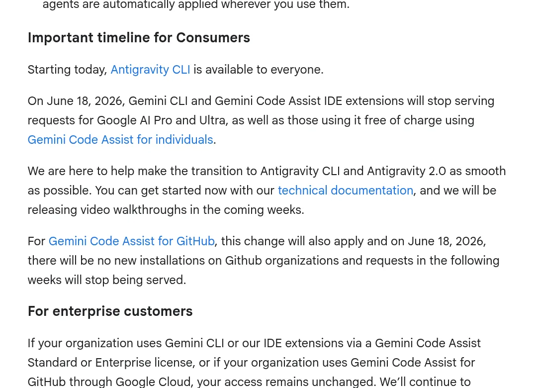 Google Developers Blog post section Important timeline for Consumers about moving from Gemini CLI to Antigravity CLI