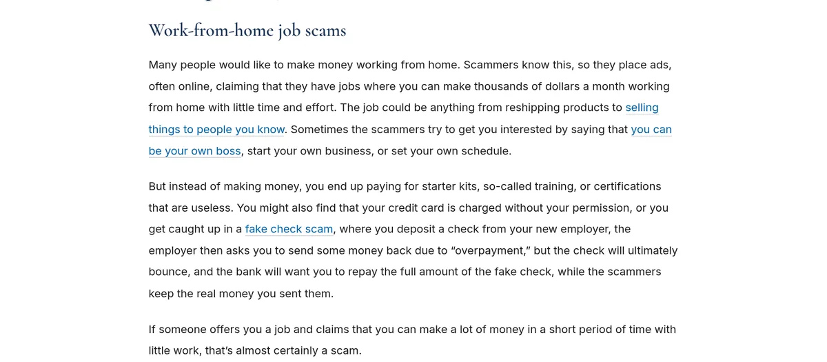 FTC consumer advice on work-from-home job scams: ads claim thousands of dollars a month with little effort, but people end up paying for starter kits and training