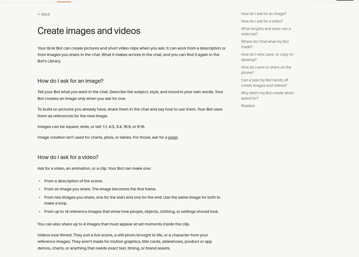 Grok Bot help center article on creating images and videos from a description or from images you share