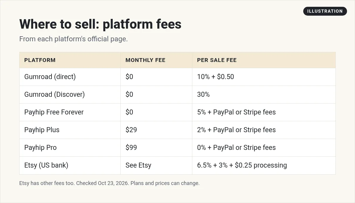 Illustration: table of platform fees: Gumroad 10% + $0.50 direct or 30% Discover, Payhip $0 + 5%, $29 + 2%, $99 + 0%, Etsy 6.5% plus 3% + $0.25 processing