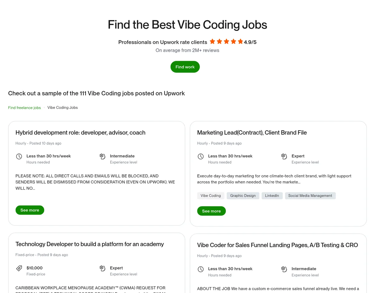 Upwork page Find the Best Vibe Coding Jobs, showing a sample of the 111 vibe coding jobs posted, including a role for sales funnel landing pages