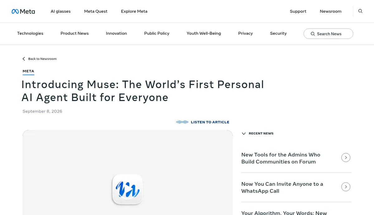 Meta newsroom post: Introducing Muse, a personal AI agent, dated September 8, 2026