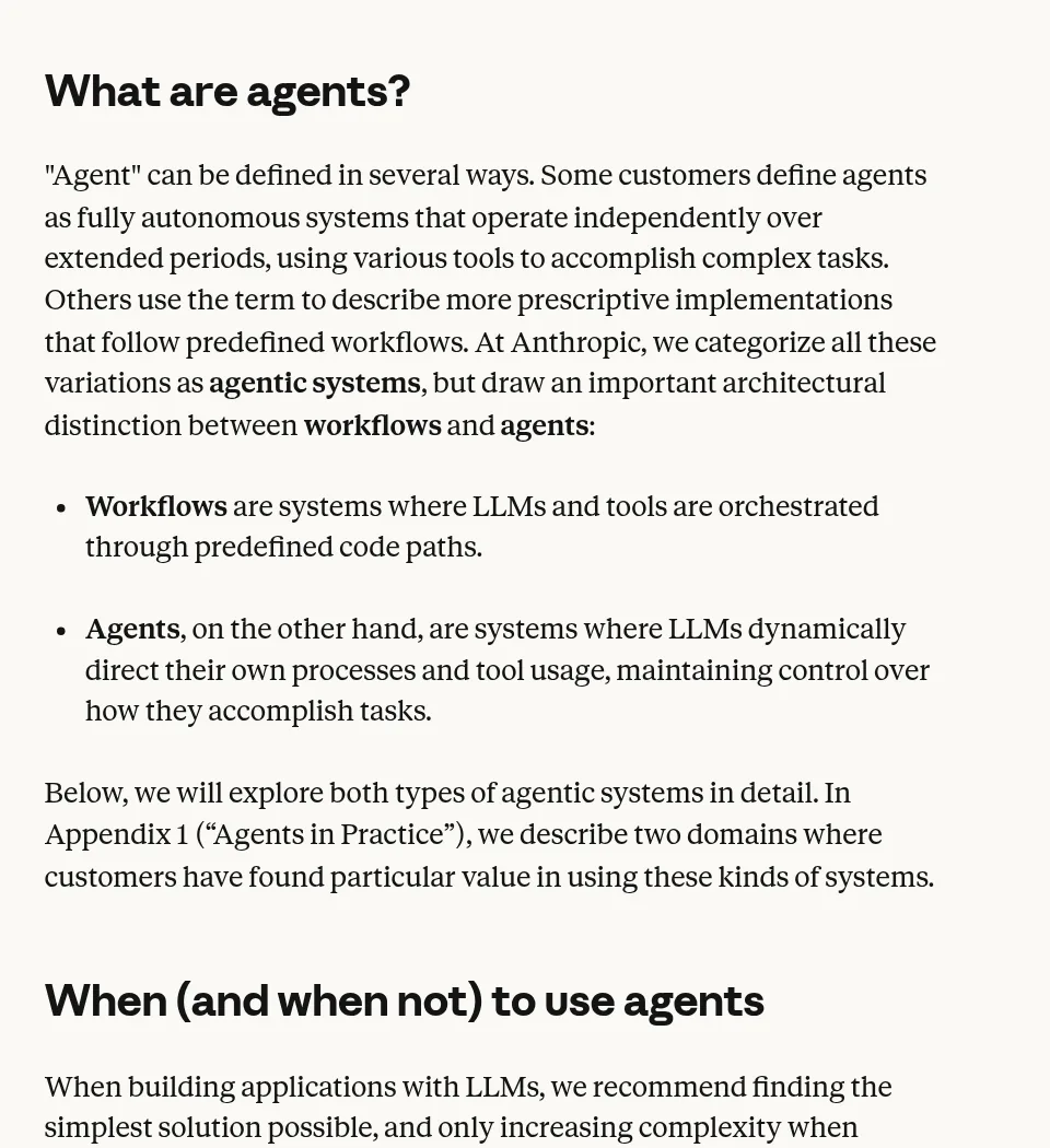 Anthropic Building effective agents article, showing the What are agents section that defines workflows as predefined code paths and agents as systems that direct their own processes
