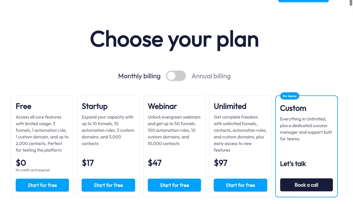 Systeme.io pricing page on monthly billing: Free $0, Startup $17, Webinar $47, and Unlimited $97