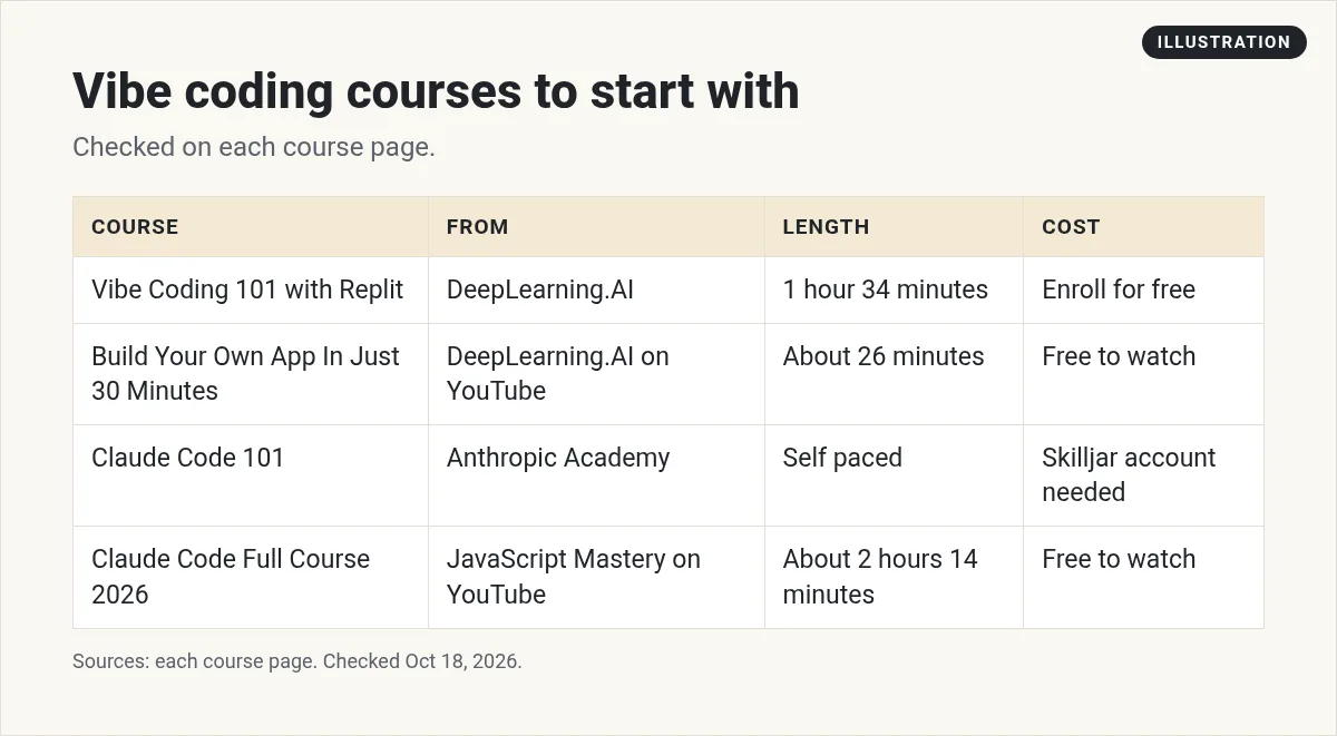 Illustration: table of four vibe coding courses with who makes them, length, and cost
