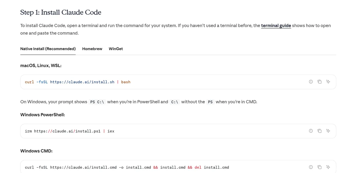 Claude Code quickstart docs showing Step 1, the install commands for macOS, Linux, WSL, Windows PowerShell, and Windows CMD