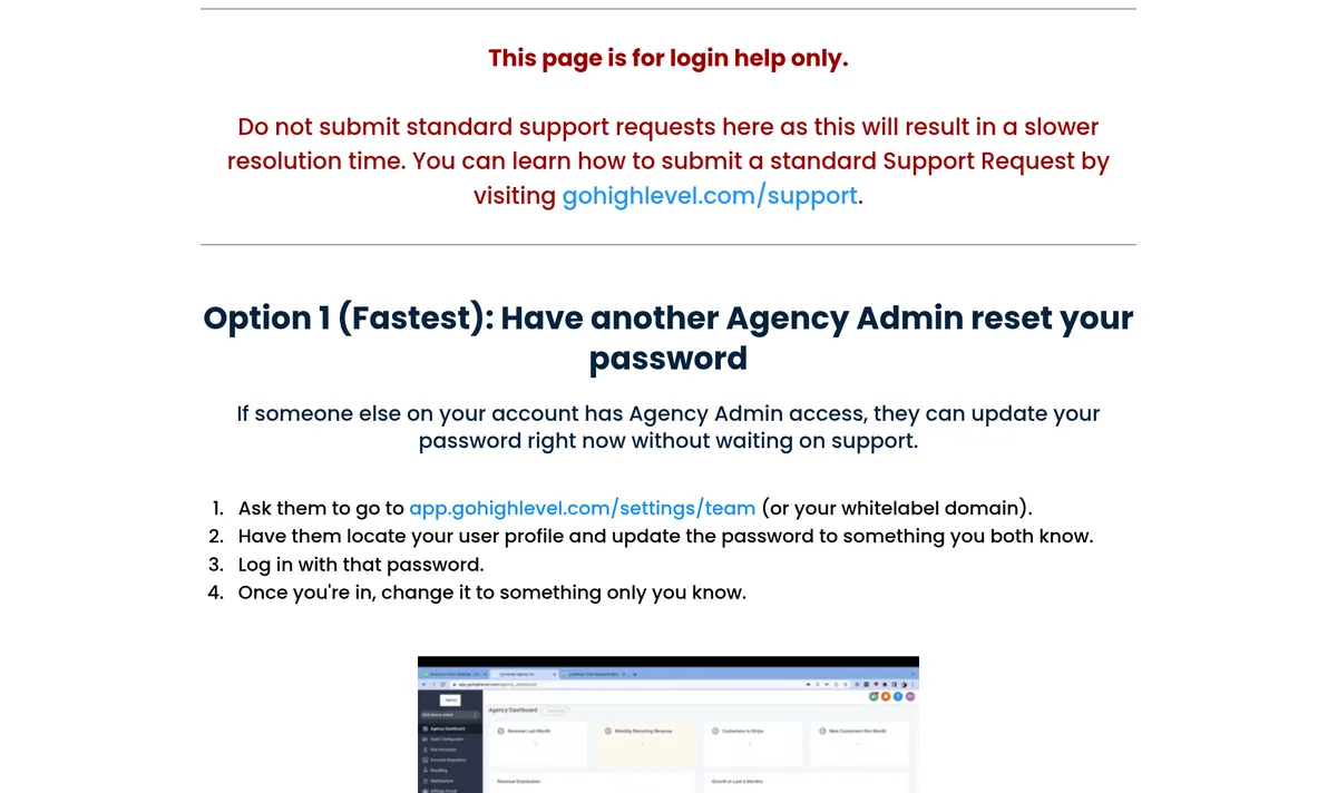 HighLevel login help page: This page is for login help only, then Option 1 (Fastest): have another Agency Admin reset your password, with four steps