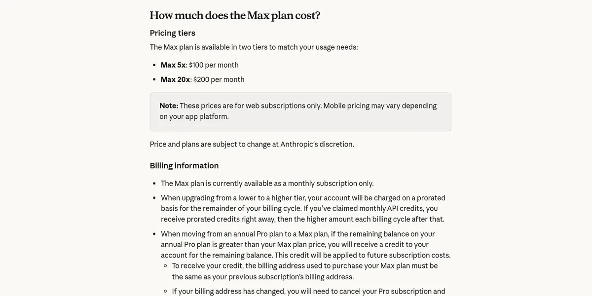 Claude help article: Max 5x $100 per month and Max 20x $200 per month, web prices only, and Max is available as a monthly subscription only