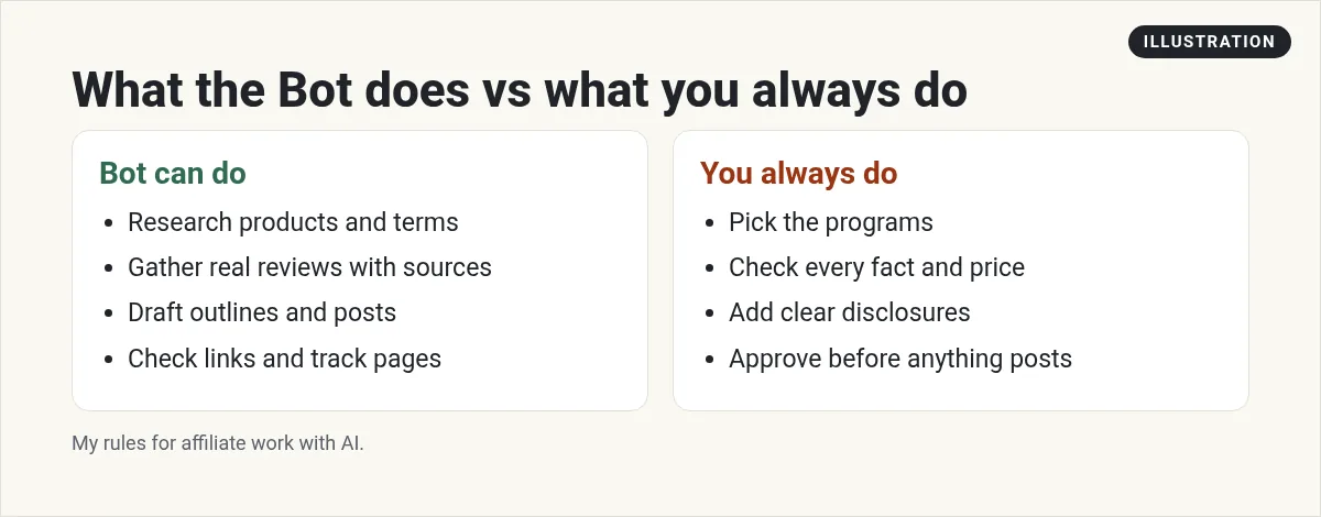 Illustration: two columns. The Bot can research, gather reviews, draft and check links. You always pick programs, check facts, add disclosures and approve