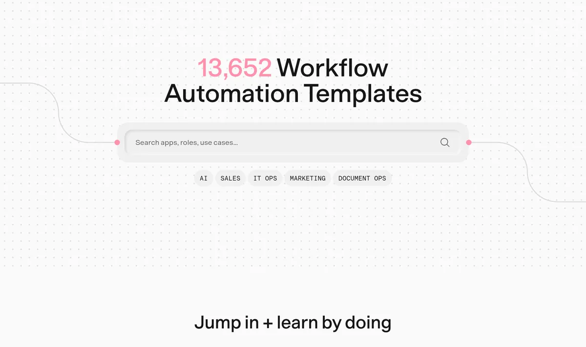 n8n template library: 13,652 Workflow Automation Templates, with a search box and filters for AI, Sales, IT Ops, Marketing, and Document Ops