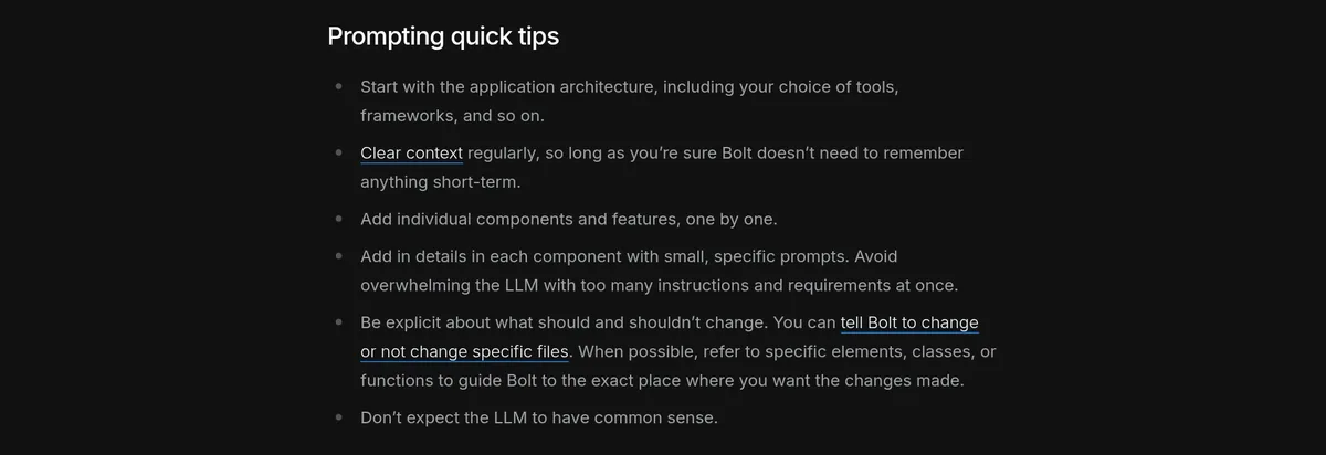 Bolt help center prompting quick tips, like adding features one by one, using small specific prompts, and saying what should and should not change