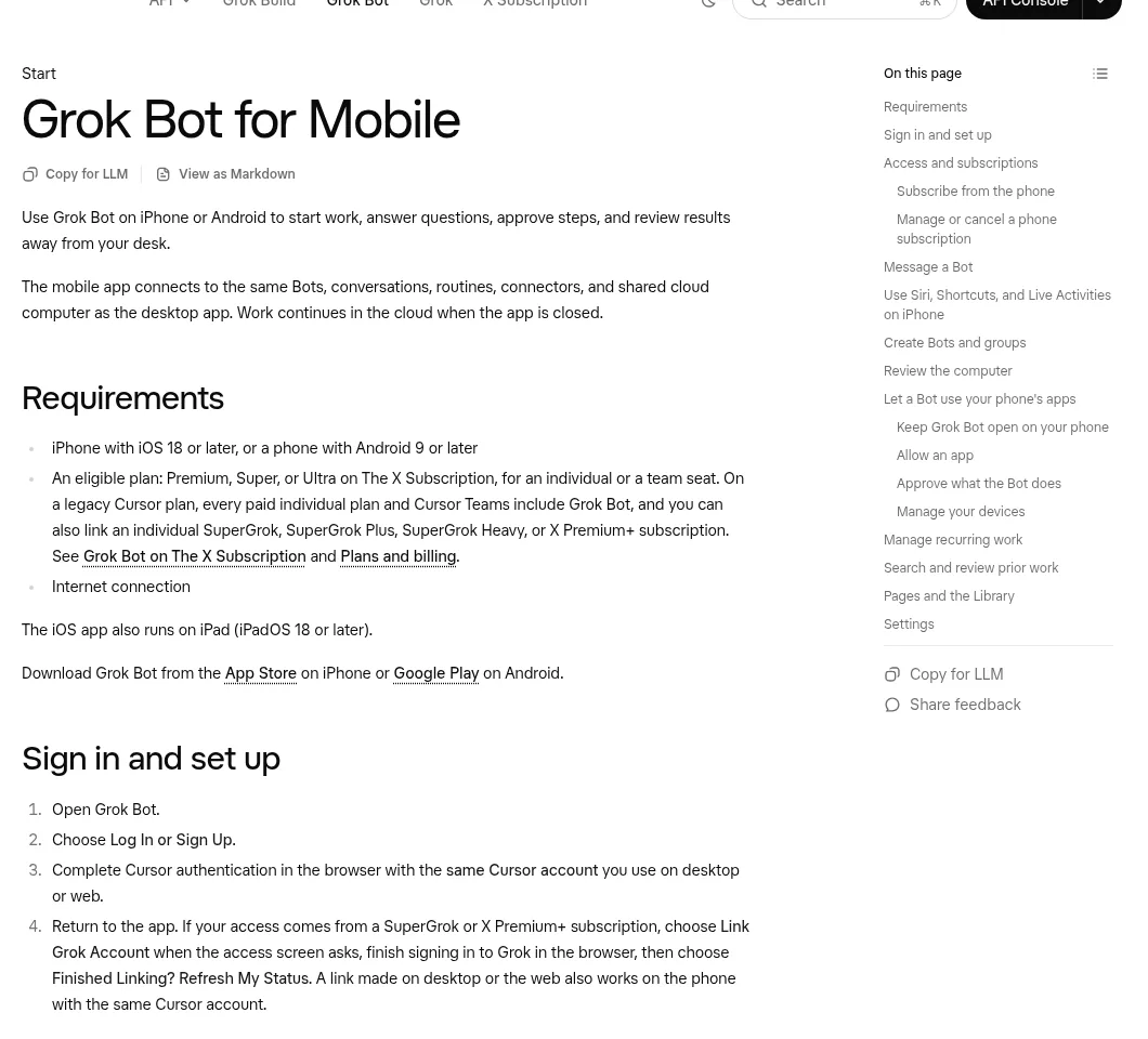 Grok Bot mobile docs page: use Grok Bot on iPhone or Android to start work, answer questions, approve steps and review results
