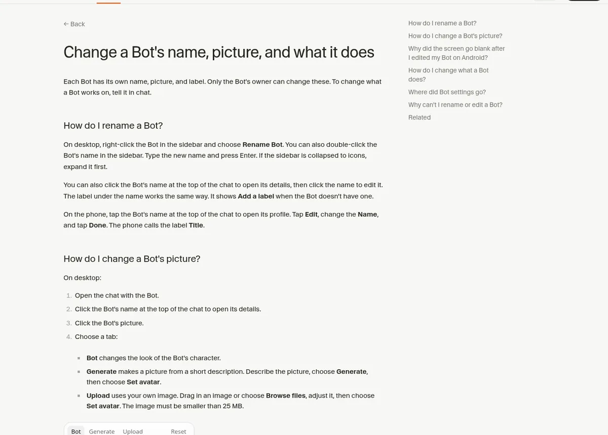 Grok Bot help center article on changing a Bot name, picture and what it does by telling it in chat