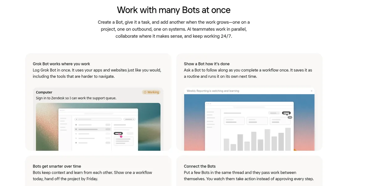 The x.ai Grok Bot page: Work with many Bots at once, with AI teammates that work in parallel and keep working 24/7