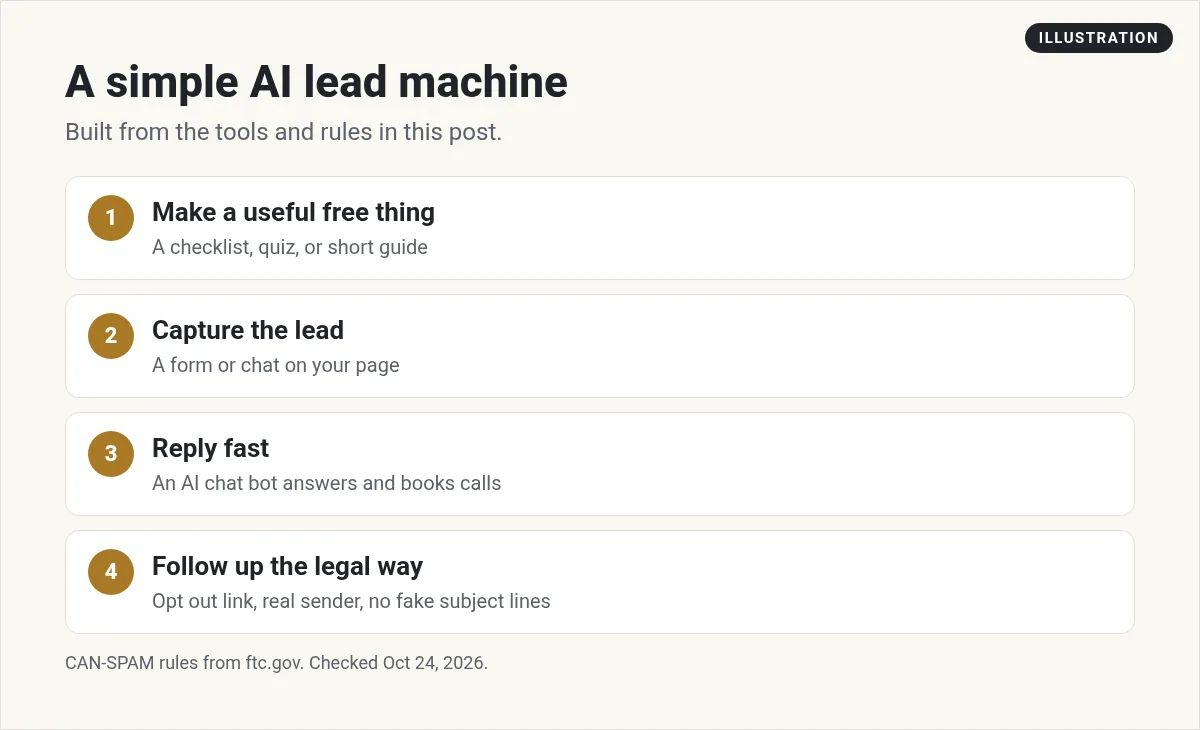 Illustration: four steps of a simple AI lead machine: make a useful free thing, capture the lead, reply fast with an AI chat bot, and follow up the legal way