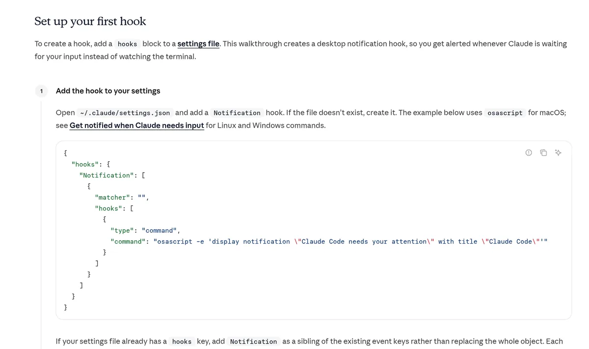 Claude Code docs section Set up your first hook, showing a Notification hook added to the settings file