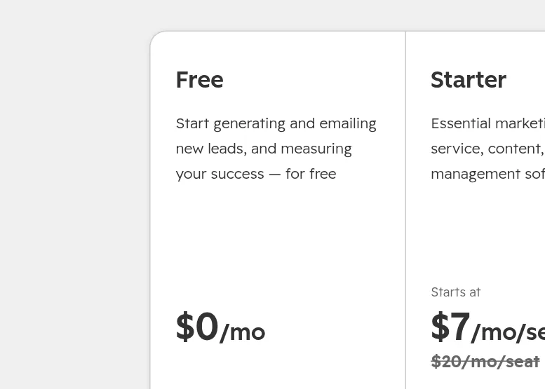 HubSpot Marketing Hub pricing: Free $0 for up to 2 users, Starter $7 a month per seat with $20 crossed out, Professional from $800 a month with 3 core seats, Enterprise from $3,600 a month