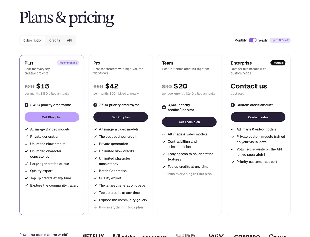 Ideogram Plans and pricing page with yearly billing on: Plus $15 a month (was $20), Pro $42 (was $60), Team $20 per user (was $30), and Enterprise contact us, with priority credits for each plan