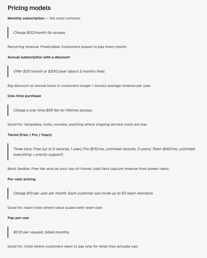 Overskill help article listing six pricing models: monthly subscription, annual with a discount, one-time purchase, tiered, per user, and pay per use