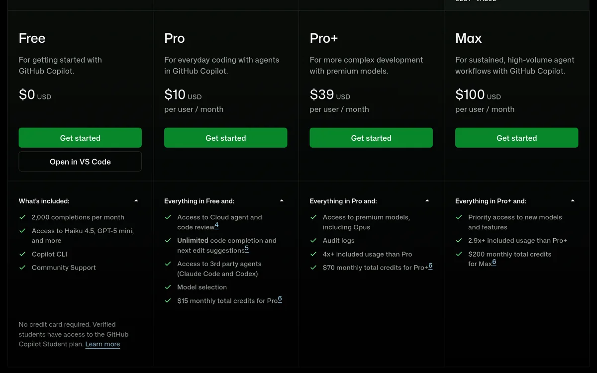 GitHub Copilot plans: Free $0 with 2,000 completions a month, Pro $10, Pro+ $39, and Max $100 per user per month