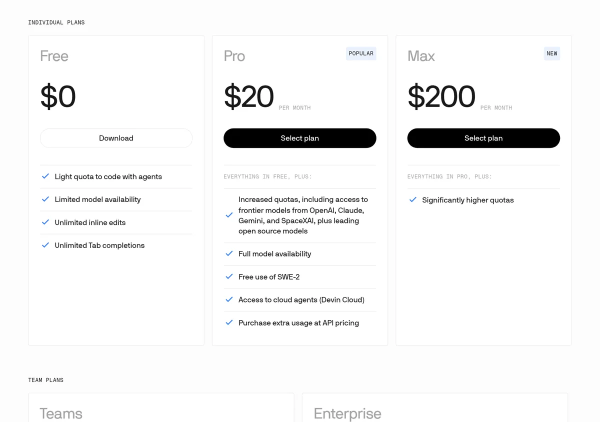 Devin pricing page, individual plans: Free $0, Pro $20 per month, and Max $200 per month, with what each plan includes