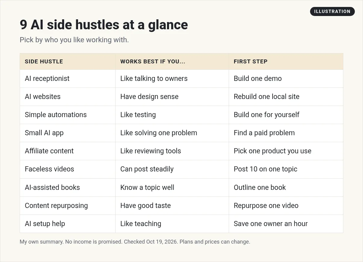 Illustration: table of 9 AI side hustles with who each one fits and a first step for each