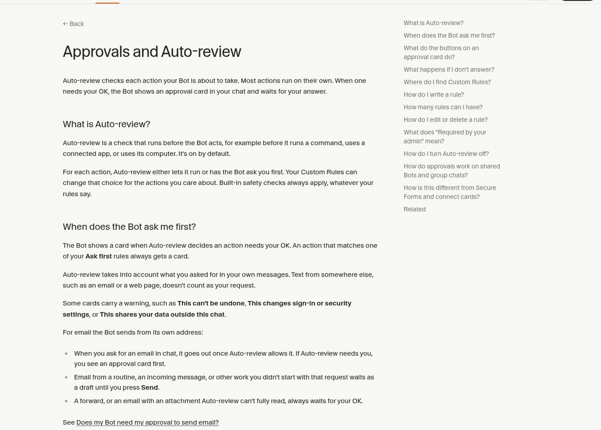 Grok Bot help center article on approvals, explaining how a Bot asks before it takes some actions