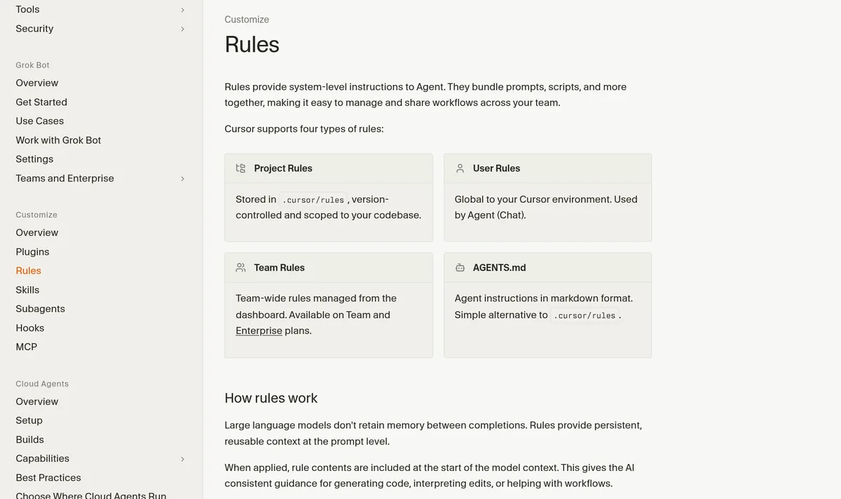 Cursor docs Rules page: rules provide system-level instructions to Agent, with four boxes for Project Rules, User Rules, Team Rules, and AGENTS.md