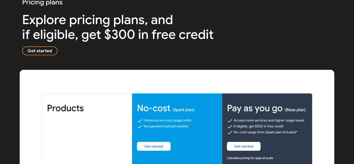 Firebase pricing page: No-cost Spark plan with no payment method needed, and pay as you go Blaze plan with up to $300 in free credit if eligible