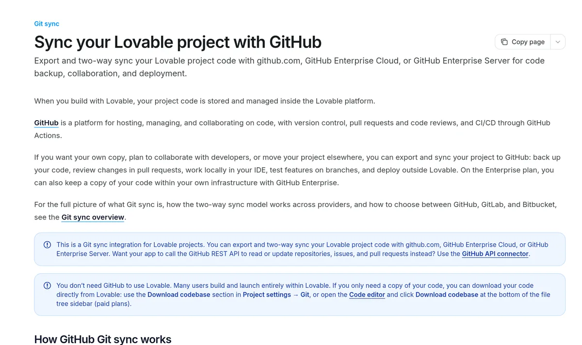 Lovable docs page titled Sync your Lovable project with GitHub