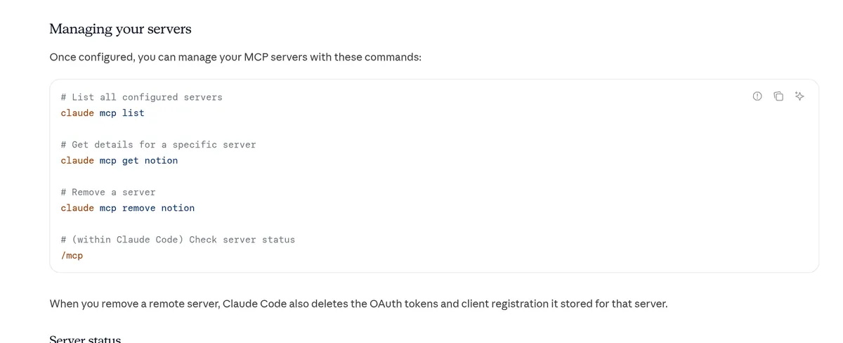 Claude Code MCP docs: Managing your servers, with claude mcp list, claude mcp get, claude mcp remove, and /mcp