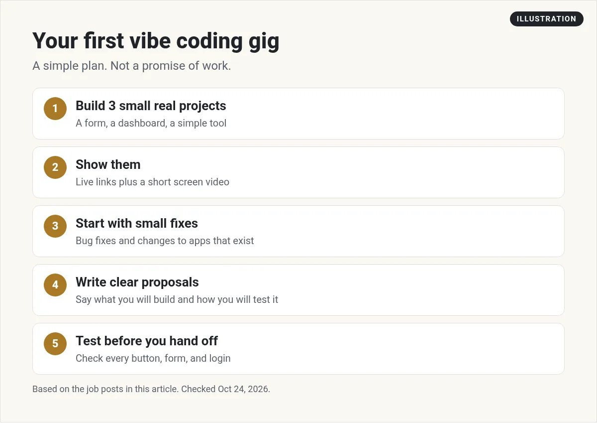 Illustration: five steps to a first vibe coding gig: build three small projects, show them, start with small fixes, write clear proposals, and test before you hand off