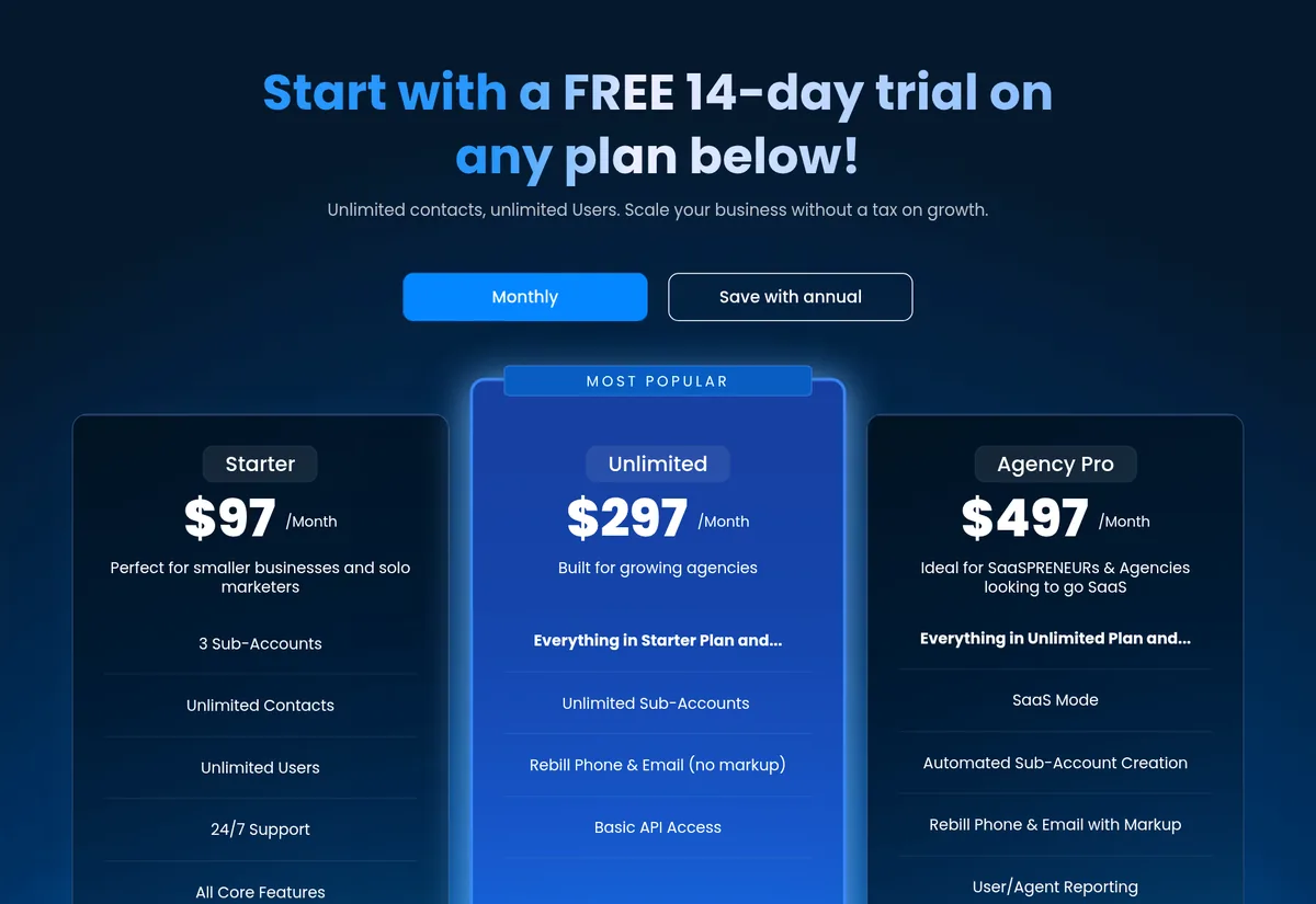 HighLevel pricing page: Starter $97, Unlimited $297, and Agency Pro $497 a month, with a 14-day free trial