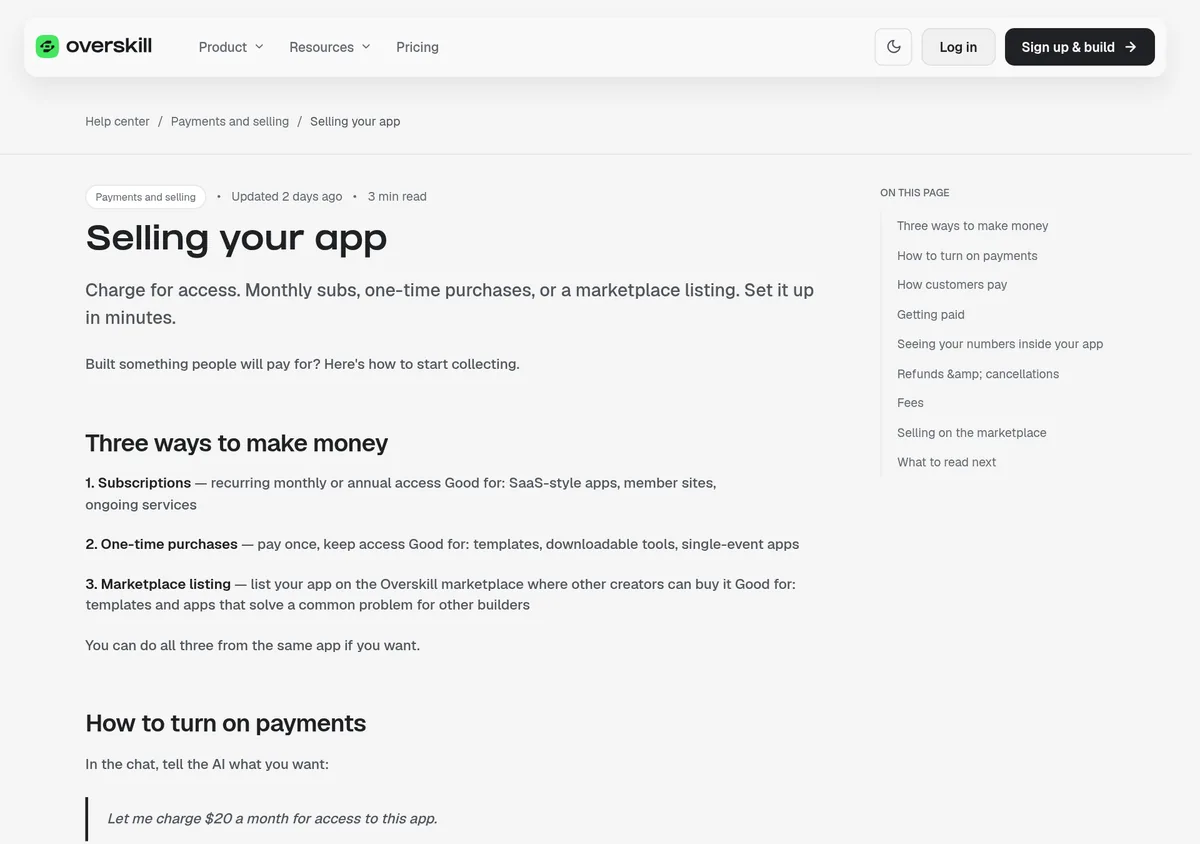 Overskill help article Selling your app, showing three ways to make money: subscriptions, one-time purchases, and marketplace listing