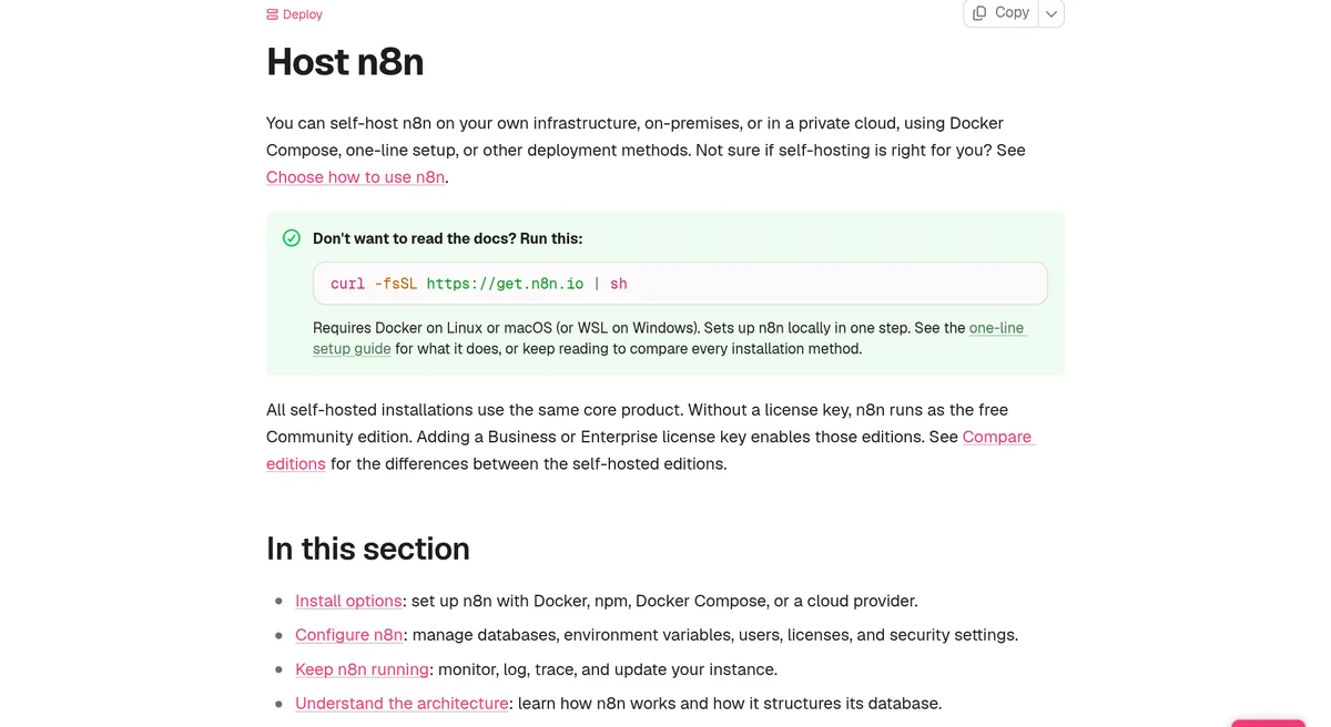 n8n docs page Host n8n, with the one-line setup command curl -fsSL https://get.n8n.io | sh and a note that it needs Docker