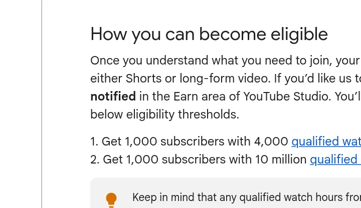 YouTube Help page section How you can become eligible, listing 1,000 subscribers with 4,000 watch hours in 12 months or 10 million Shorts views in 90 days