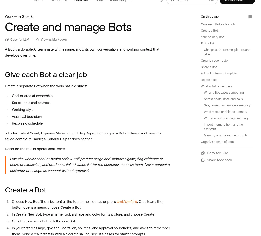 Grok Bot docs page on creating and managing Bots