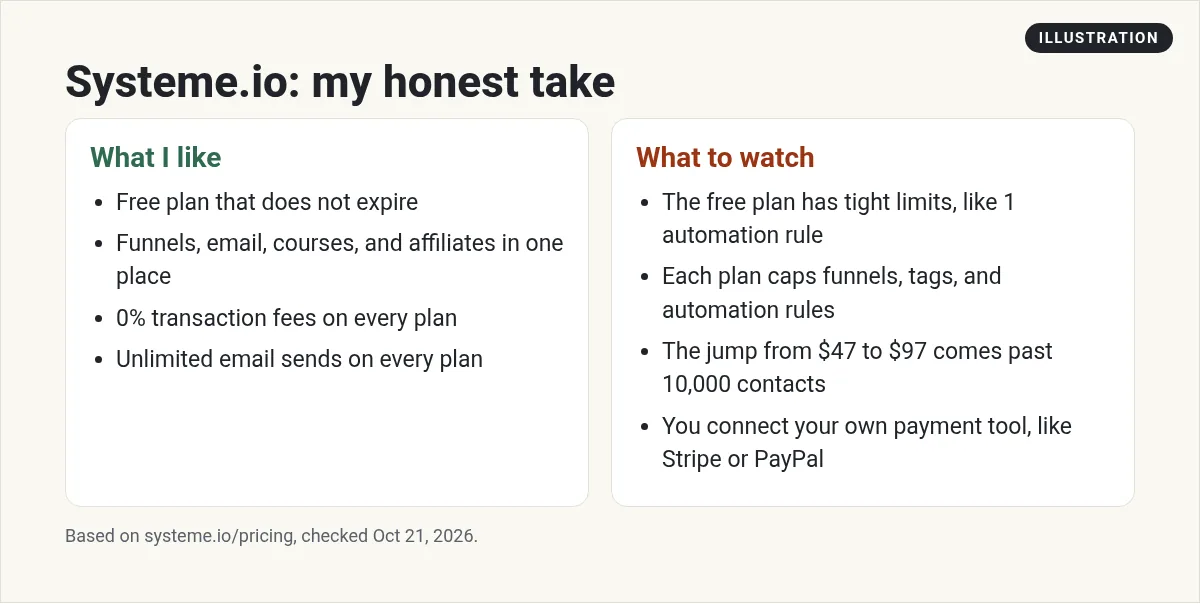 Illustration: two columns listing what I like about systeme.io and what to watch
