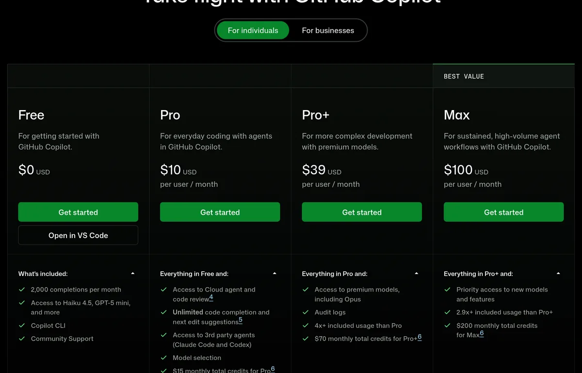 GitHub Copilot plans for individuals: Free $0, Pro $10, Pro+ $39, and Max $100 per user a month